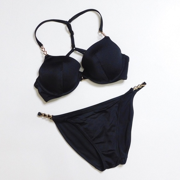 VICTORIA’S SECRET Black Bikini Set Top Bottoms Underwire Push Up 34D / Medium - Picture 3 of 16